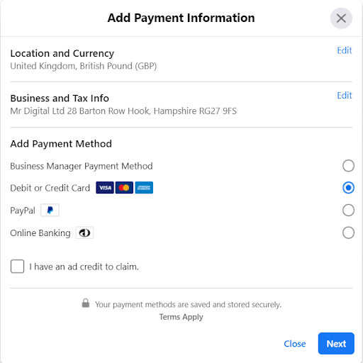 Adding Payment Information for Facebook Ads