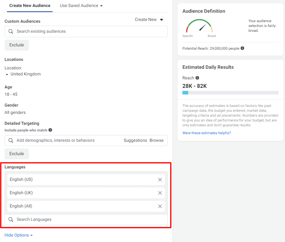 Facebook Ads Language Target