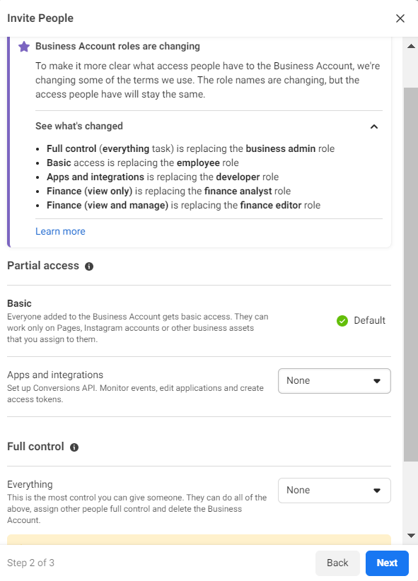 Facebook Business Account Role Settings