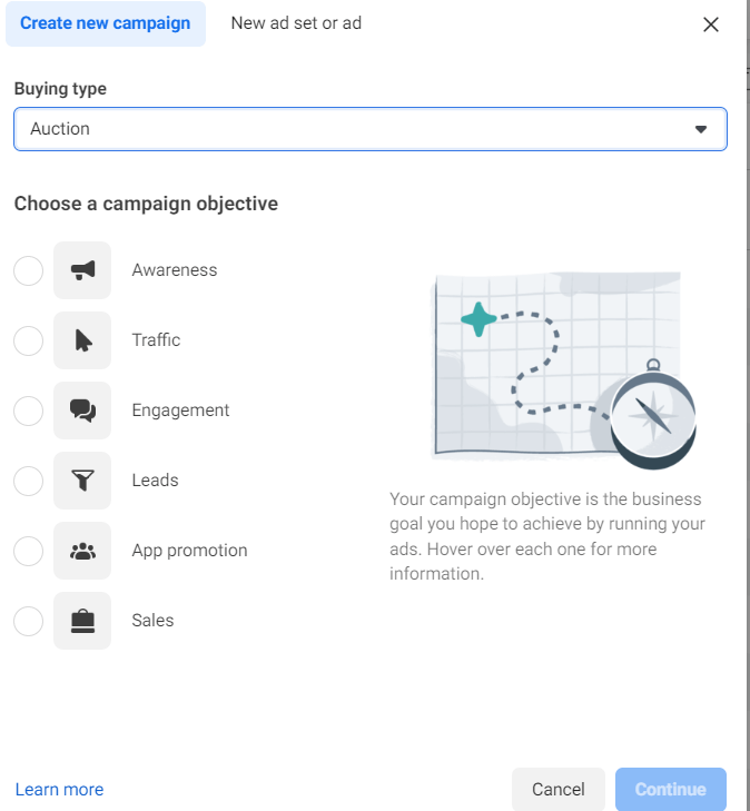 A screenshot of what Facebook's campaign objectives.