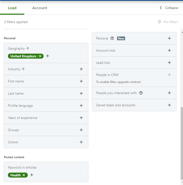 LinkedIn search filter 